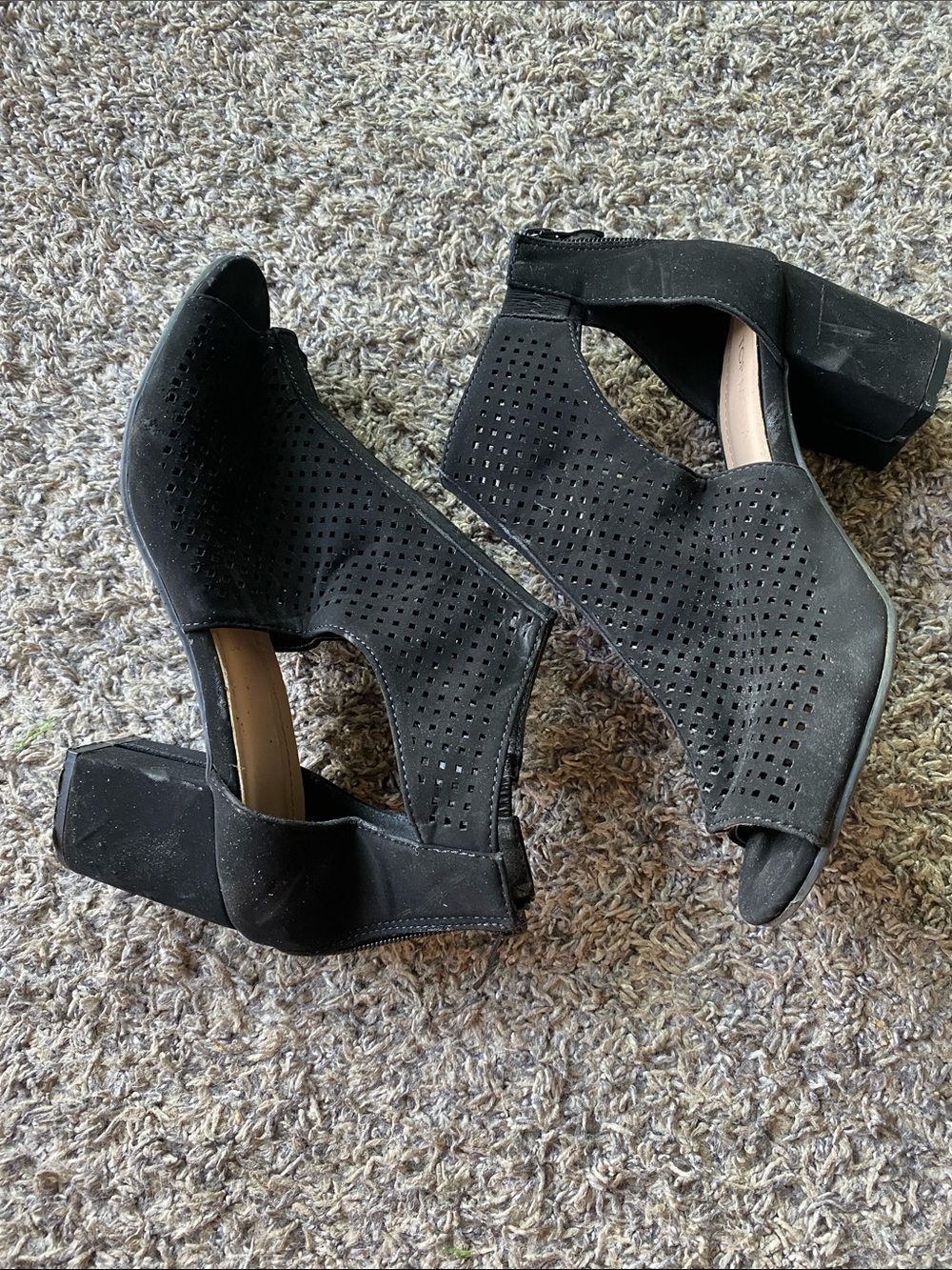 Black Perforated Block Heel Sandals - Women's